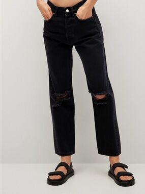 Black Distressed High-Rise Straight Jeans